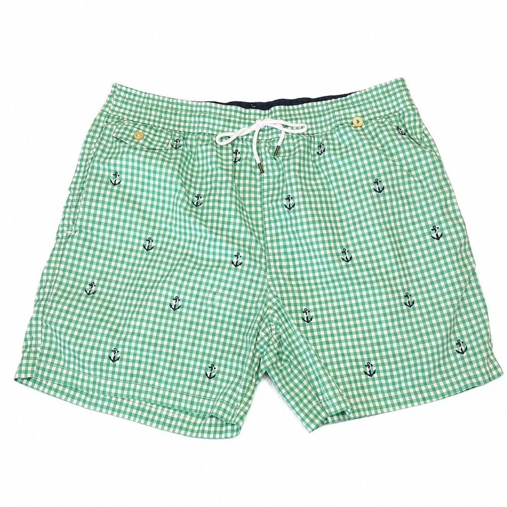 Polo Ralph Lauren Mens XL Swim Trunks Green Gingham Anchor Embroidered Shorts